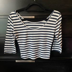 White and Navy Half Sleeve Striped Crop Top